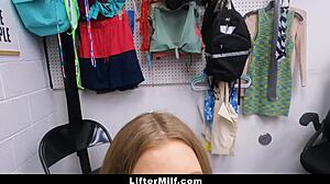 Milf thief gets fucked hard in shop garage! Guard lets her walk free after big tits pov blowjob.