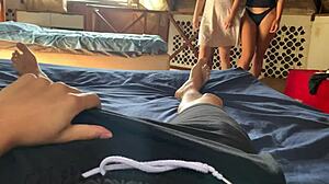 my stepbrother was so sad after cheating, so my friend and i surprised him with a hot threesome