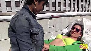 an absolutely amazing fuck fest outdoors in the trash bin with two super sexy lesbians using toys roughly