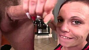 brunette milf gives close up handjob with dirty talk