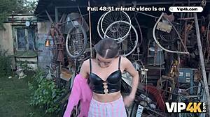 Will the debtor in leather lingerie get a good fuck in the backyard?