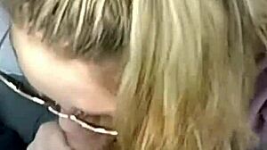 She gives a blowjob in the car after pickup, swallowing cum