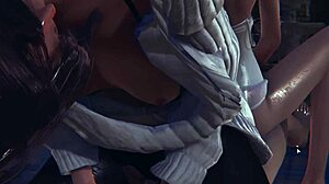 Две брюнетки в дикой 3D-картунной тройке с аниме-хентай экшеном