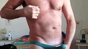 Pervy Papifachero Was Playing With His Big Daddy Boner Bulge In His Turquoise Thong And Just Rubbing His Frenum In The S