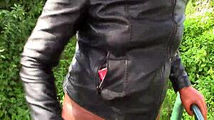 Smoking Hot Milf in Cinnamon Leather Trousers Outdoors.