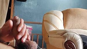 Dialogic-Provocative masturbating my cock in the living room