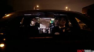 petite teen 18+ submits to two men in black suits for blowjob and fingering