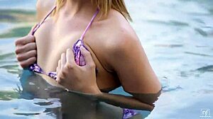 blonde with big tits masturbates hard by pool with horny black cock action