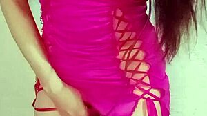 Teen 18+ with big tits masturbates intensely in pink dress until squirting orgasm