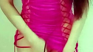 Teen 18+ with big tits masturbates intensely in pink dress until squirting orgasm