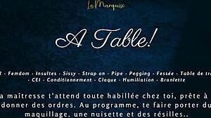 At the desk, a French femdom milks her sissy with dirty talk. Lactating power play unfolds.