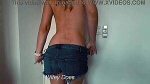 Blonde Wife Strips Out Of Her Denim Shorts Seductively