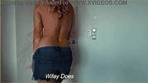 Blonde Wife Strips Out Of Her Denim Shorts Seductively
