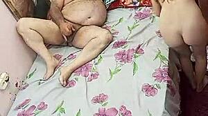 Muscular old man eats young girl's hairy armpit