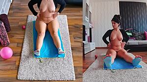 Join a frisky naked workout with dual cam views of a curvy milf spreading her big ass.