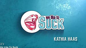 brunette gets cum in mouth and on glasses during blowjob in bathroom 😏