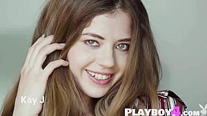 Kay jay, the petite brunette babe, poses in lingerie, exposing her natural tits and ass.