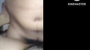 In bedroom, mature thai brunette milf gets hard close-up fuck from sweaty guy on bed.