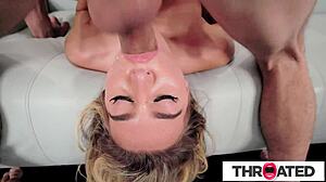 Busty blonde babe gets throated hard in pov with messy blowjob and handjob