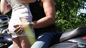girl gets fucked after riding motorcycle, wow that's hot! 😍 she's bent over outdoors