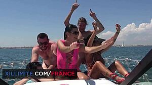 Curvy cougar brunette rides on yacht. Big tits lesbian action with anal assfucking.