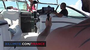 Curvy cougar brunette rides on yacht. Big tits lesbian action with anal assfucking.