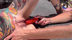 aylin tattoo and xanthia lombardi explore outdoor lesbian pleasures with dildos and licking.
