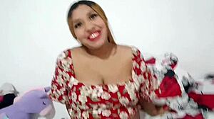 Latina wife sneaks around while husband is out of town