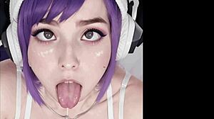 Purple Haired Cutie Listens to Music While Giving Handjob and Creampie