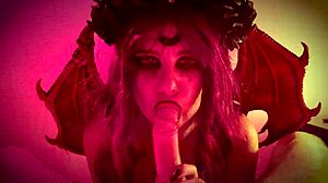 Demon girl unleashes intense Halloween rough ass bending and cumshot in lingerie with monster missionary action.