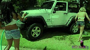 Shy Love and Jenna Foxx enjoy picnic on truck bed outdoors