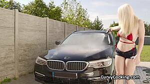 Busty bikini girlfriend demands dick after soapy car wash!