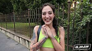 Bjraw model Brisen takes petite tattooed brunette deepthroat for monster cock facial