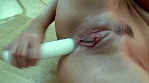 Blonde mom, will you masturbate with dildo in stockings and fishnets while fingering anal on bed?