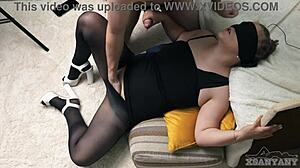 Hot milf lets me play with her pussy under pantyhose, she's moaning like crazy 😈