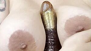 Blonde with big natural boobs shows off her sexy body in lingerie, highlighting ass and tits.