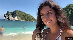 Hottie sucks dick on public beach then struts with cum on face - total cumwalk adventure 😈