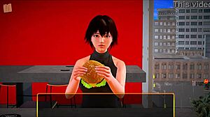 In my new family episode 349, the redhead with big tits plays a game. She teases and reveals her assets in the scene.