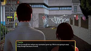 In my new family episode 349, the redhead with big tits plays a game. She teases and reveals her assets in the scene.