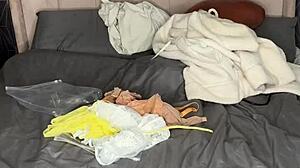 Chubby blonde bbw with big natural tits tries on lingerie in fat ass homemade amateur clip.