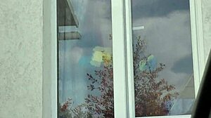 Taxi driver spots naked milf in stockings without panties washing apartment window