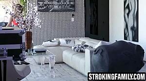 She sucks stepbro's cock before camera until stepdad interrupts