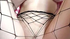 Innocent tattooed girl teases big dildo through pantyhose until climax