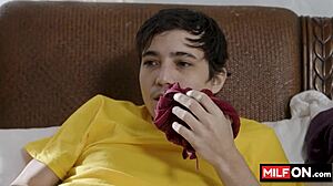 Sexy big tit blonde stepmom Victoria Zdrok sucks huge monster cock revealing boobs.