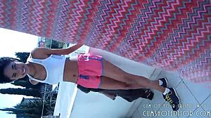 This amateur ebony babe can't get enough draining cock and swallowing cum in public! She's a submissive brunette teen 18+ loving that pov outdoor action.