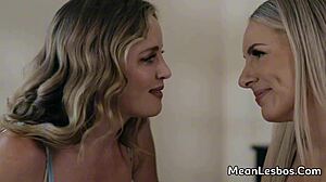 i feel so drawn to this sexy blonde lesbian milf seducing curly teen for wet fingering and kissing.