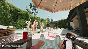 Look at these three hot bikini babes fucking hard in the Hollywood poolside orgy.