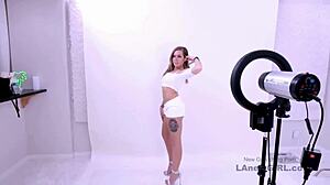 gorgeous brunette teen gets massage from daddy on sofa. father in law fucks her pov with cum in sexy action