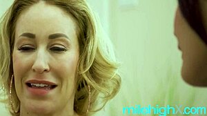 Blonde and brunette get horny with mutual masturbation. They lick each other shyly.