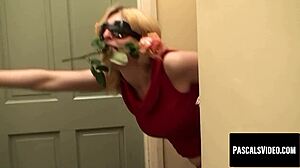 Blonde with rose in mouth and blindfold enjoys romantic missionary blowjob.